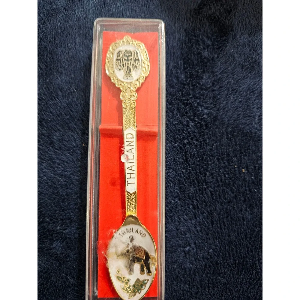 Vintage King Power Thailand Souvenir Spoon Gold Tone Enamel Elephant Erawan